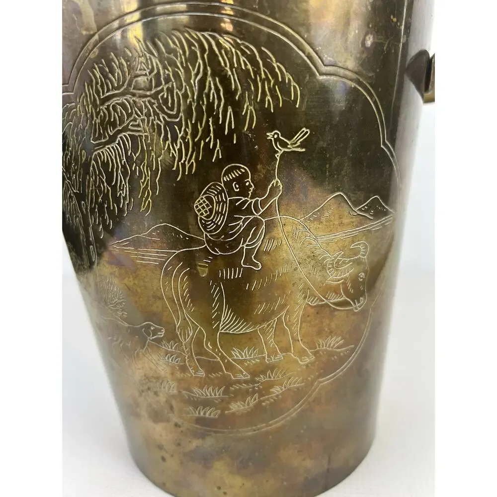 Vintage Brass Ice Bucket Wine Cooler Engraved Etched Planter Asian Scenic Handle